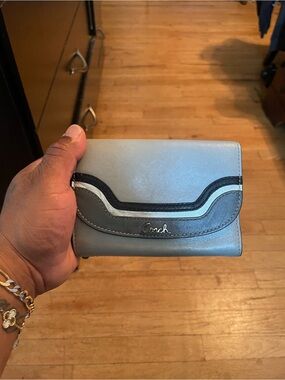 Coach Two-Tone Light Blue Leather Wallet with Black and White Trim